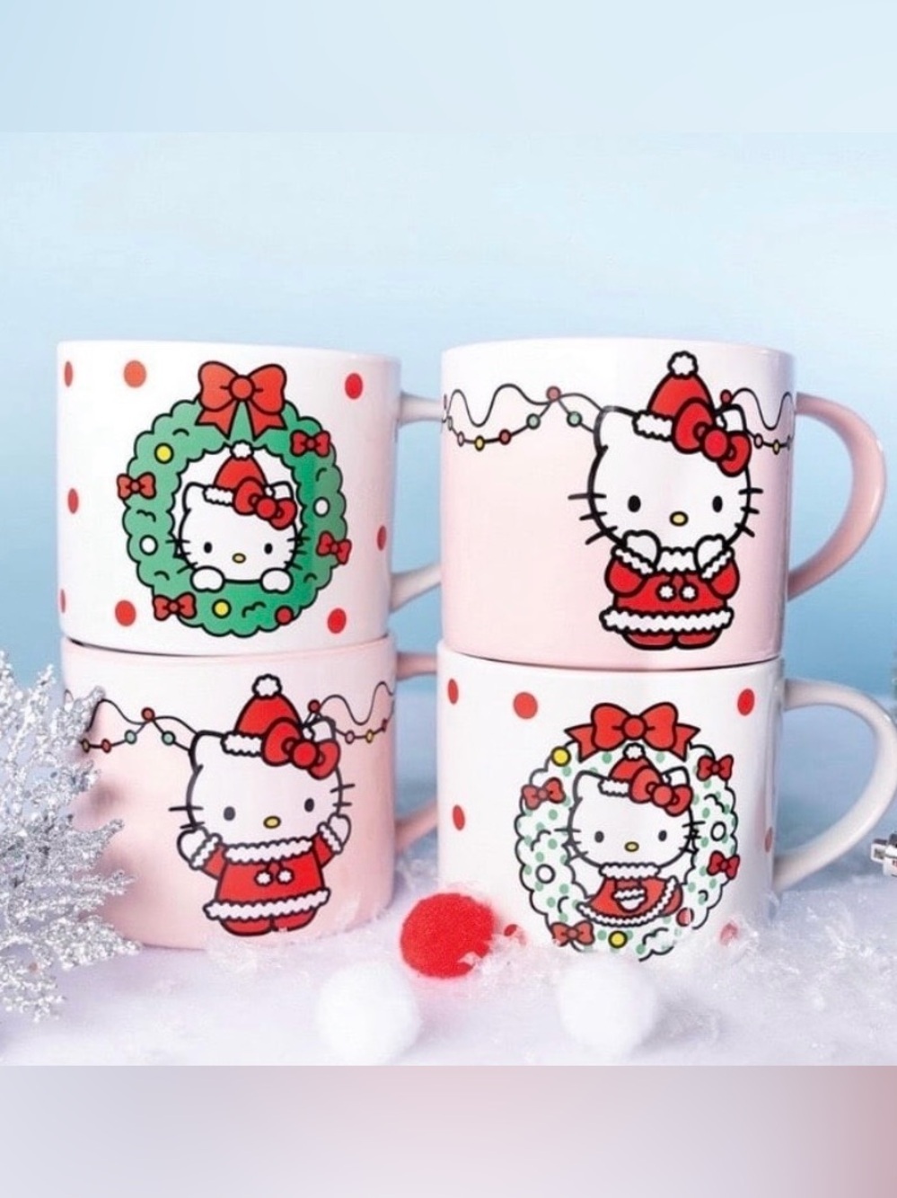 NEW Set of 4 Hello Kitty Pink & Red Holiday Mugs